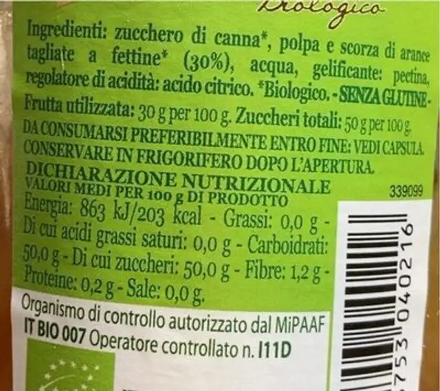 Arance biologico nutrition facts table
