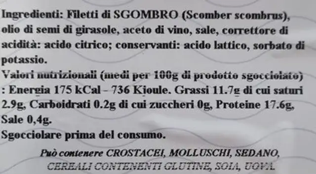 Filetti di sgombro in olio di semi di girasole nutrition facts table