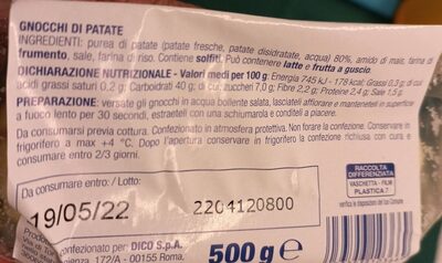 Chicche di patate nutrition facts table