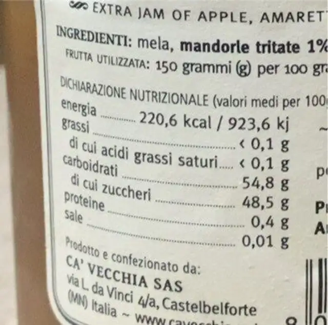 Confettura extra di Mela, Amaretto e Mandorla nutrition facts table