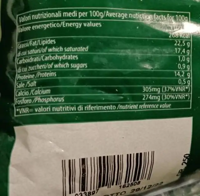 Mozzarella di latte di bufala nutrition facts table