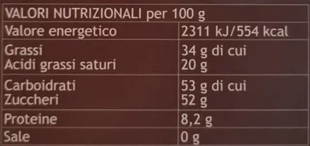 La barretta al latte nutrition facts table