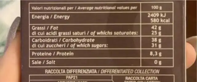 La barretta fondente nutrition facts table