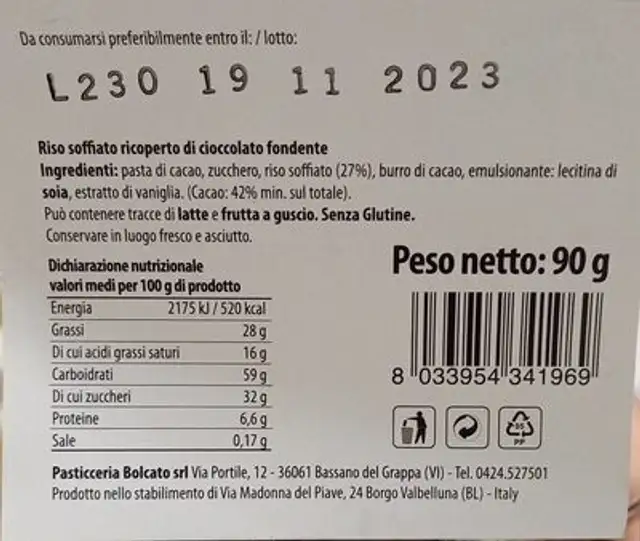 Cirri riso soffiato e cioccolato fondente nutrition facts table
