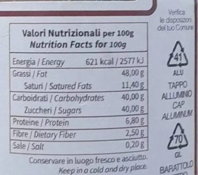 Squisita nutrition facts table