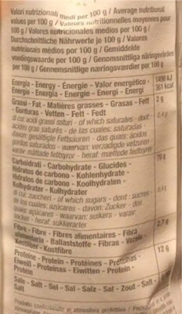 Semola di grano duro rimacinata nutrition facts table
