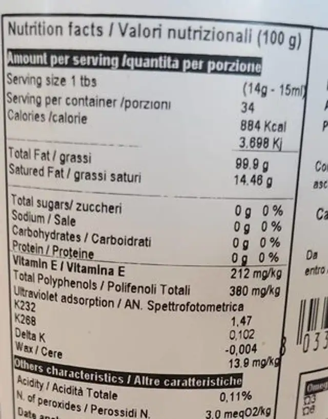 Madonna dell olivo olio extravergine d'oliva nutrition facts table