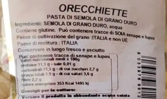 Orecchiette nutrition facts table