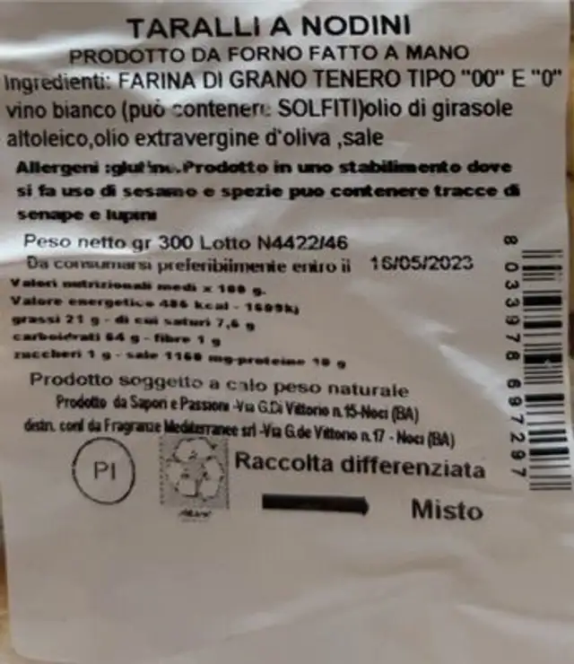 taralli a nodini nutrition facts table