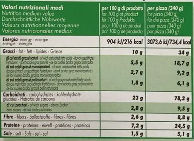 Pizza margherita vegana senza glutine nutrition facts table