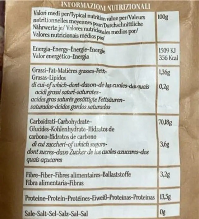 Pasta di Gragnano nutrition facts table