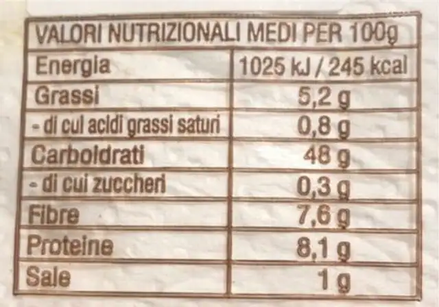 Grissini stirati a mano nutrition facts table
