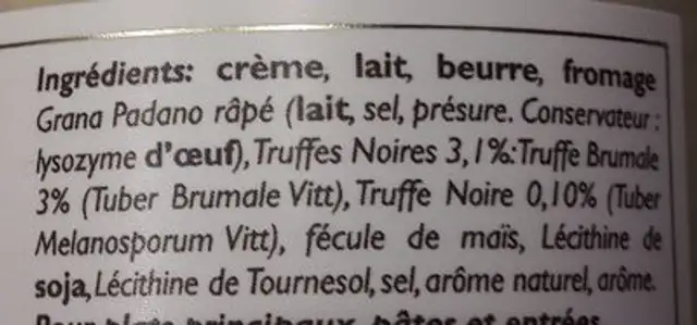 Velouté à la truffe noire ingredients label