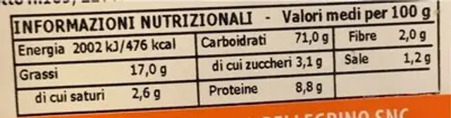 Taralli nutrition facts table