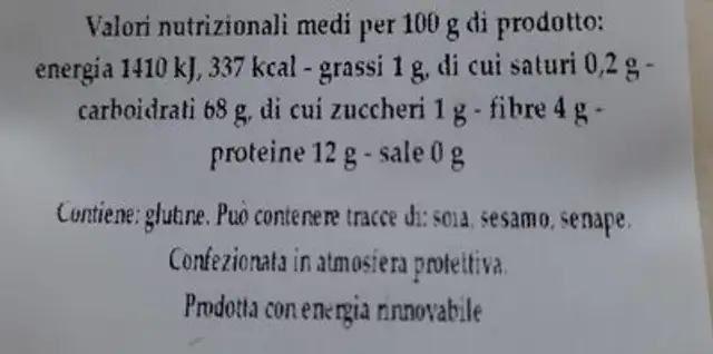 Perciasacchi nutrition facts table
