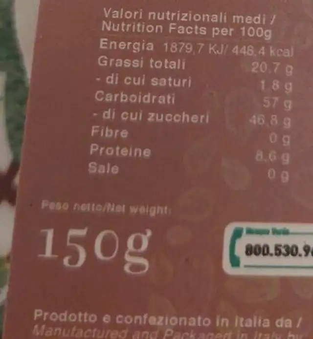 Torrone morbido alla mandorla nutrition facts table