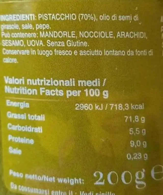 Pesto dinpistacchio nutrition facts table