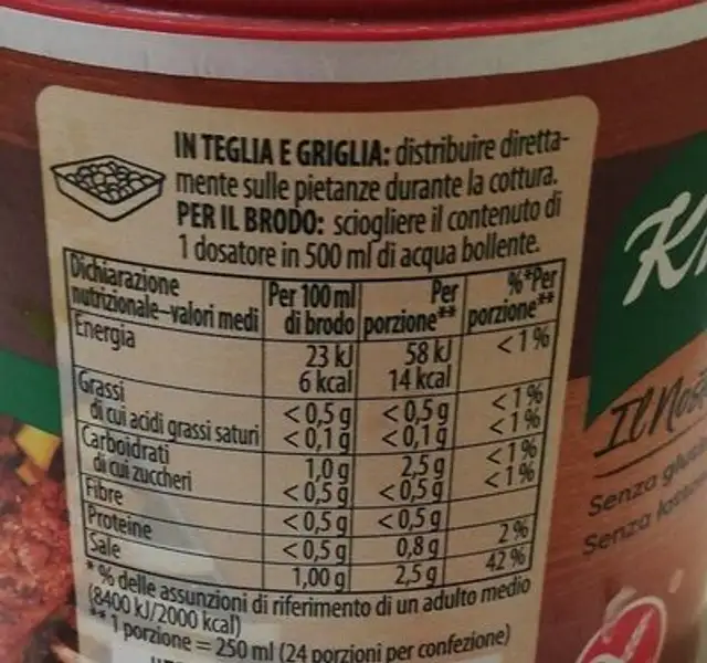 Brodo granulare nutrition facts table