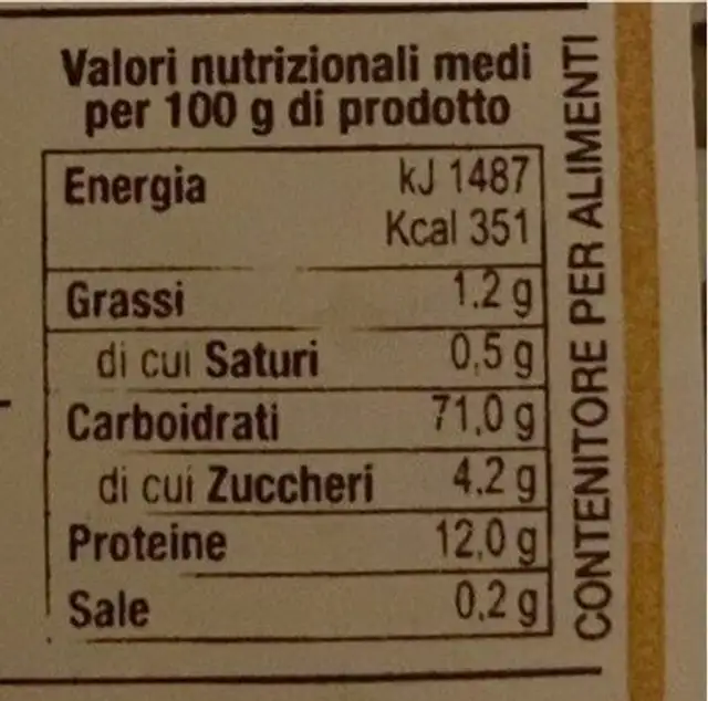 Trofie di Castagna nutrition facts table