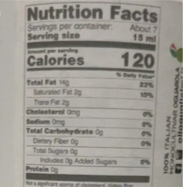 Ogliarola oil imp nutrition facts table