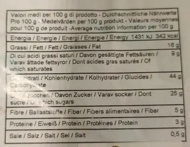 Panetterie artigianale vincente nutrition facts table