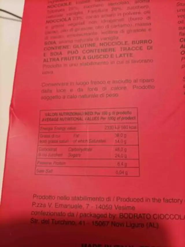 Tortina nutrition facts table