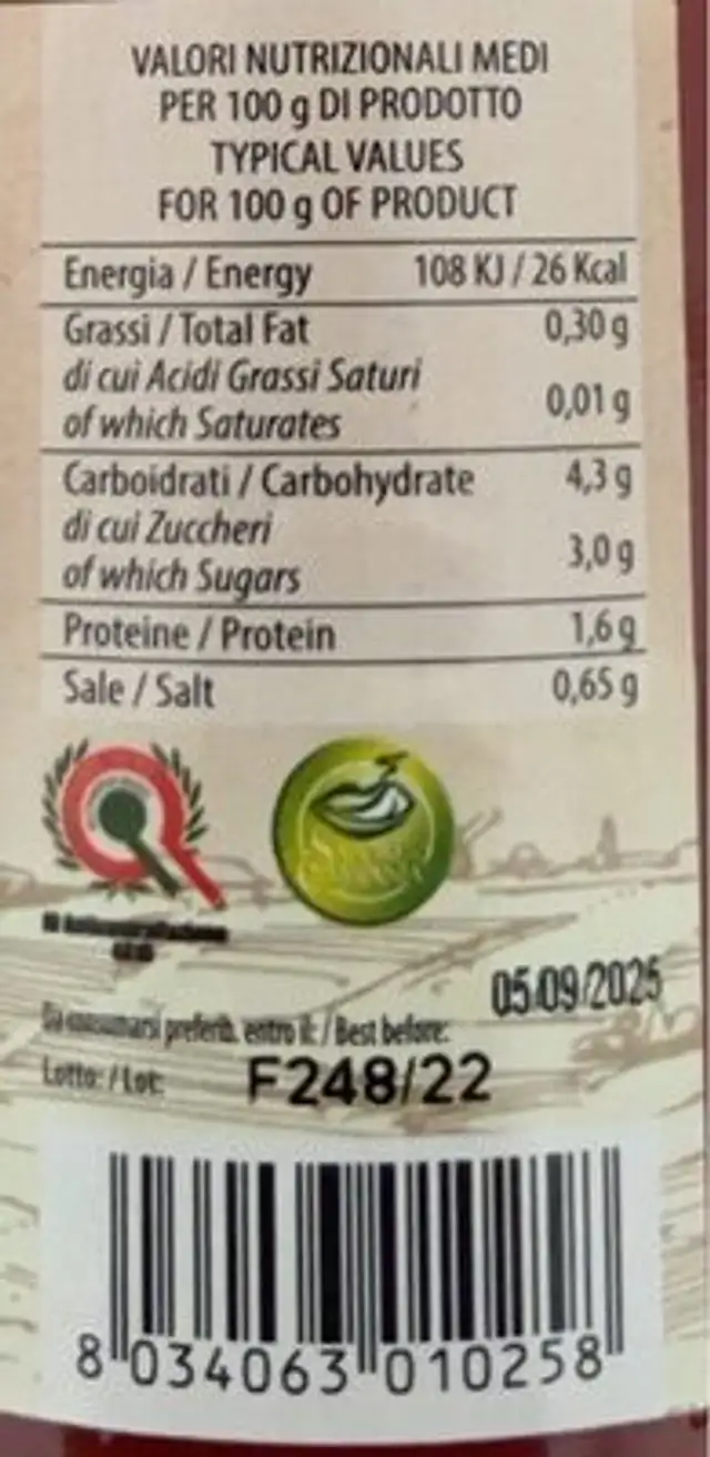 Passata di datterino nutrition facts table