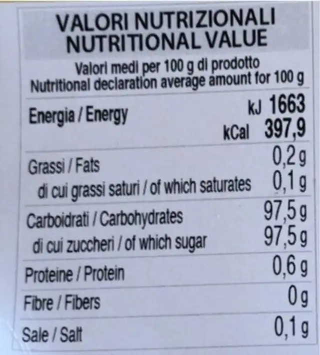 Caramelle miele nutrition facts table