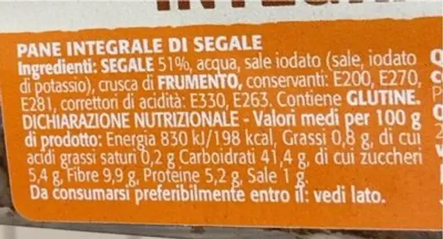 Pane di segale integrale nutrition facts table