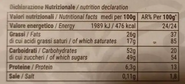 Cioccolato al rum nutrition facts table