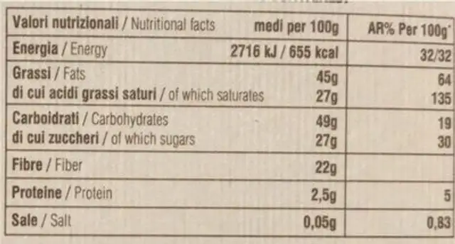 Carrubato all’Arancia nutrition facts table