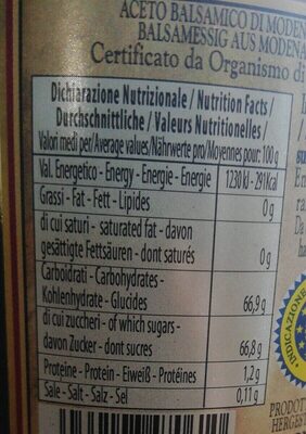 Aceto balsamico nutrition facts table