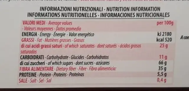 Quadrotti cacao e caramello salato nutrition facts table