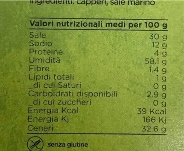 Capperi di Salina nutrition facts table