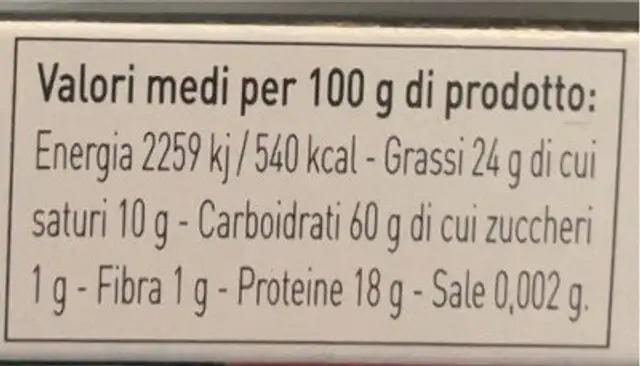 Piadina farcita nutrition facts table