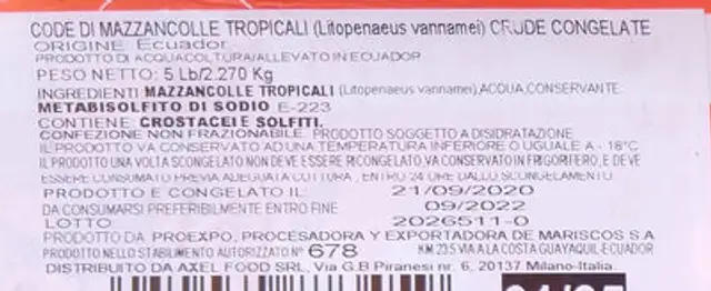 Mazzancolle tropicali crude congelate ingredients label