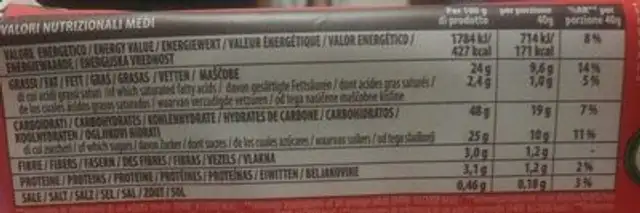 Tortina Brownie nutrition facts table