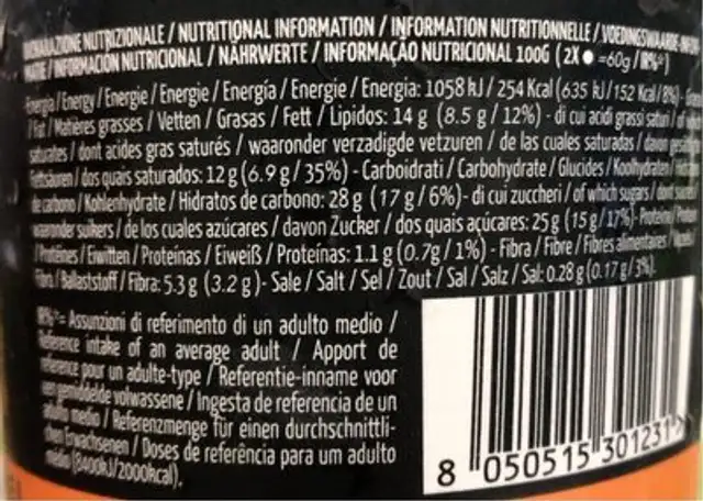 Macadamia salted caramel nutrition facts table