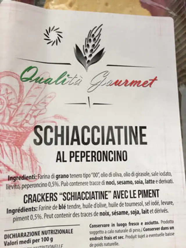 Crackers Schiacciatine avec le piment ingredients label