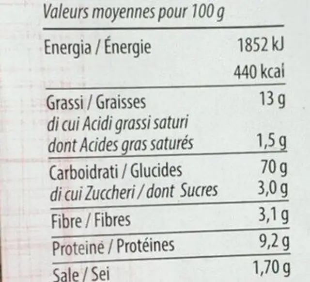 Crackers Schiacciatine avec le piment nutrition facts table