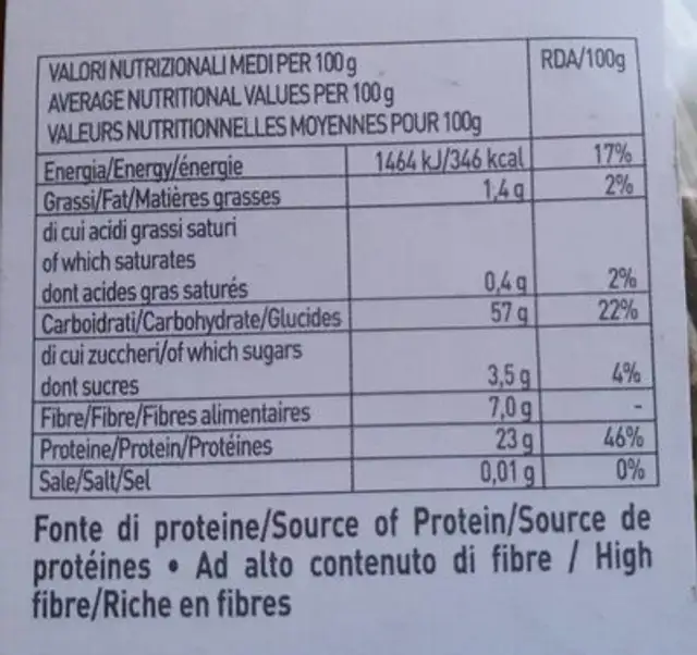 Pâtes aux pois nutrition facts table