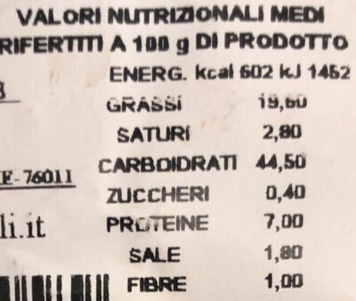 Taralli Scaldati nutrition facts table