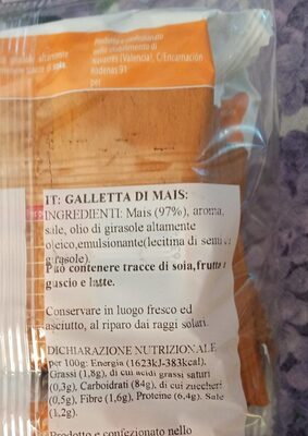 Gallette di mais nutrition facts table