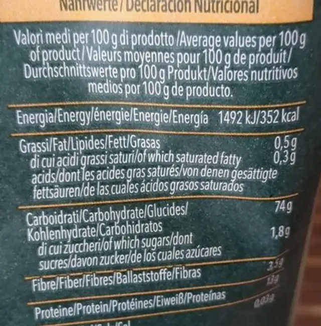 Pacchetti rigati nutrition facts table