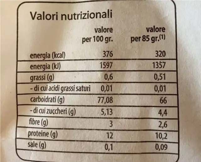 Fusilli nutrition facts table