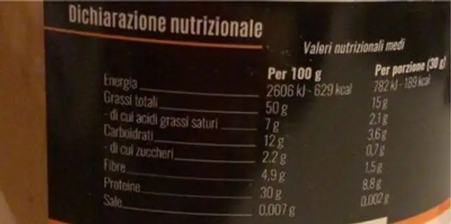 Burro di arachidi nutrition facts table