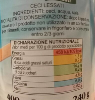 Ceci lessati nutrition facts table