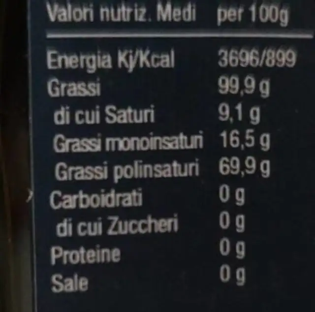 Olio di Noci nutrition facts table