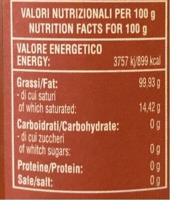 EVOO nutrition facts table