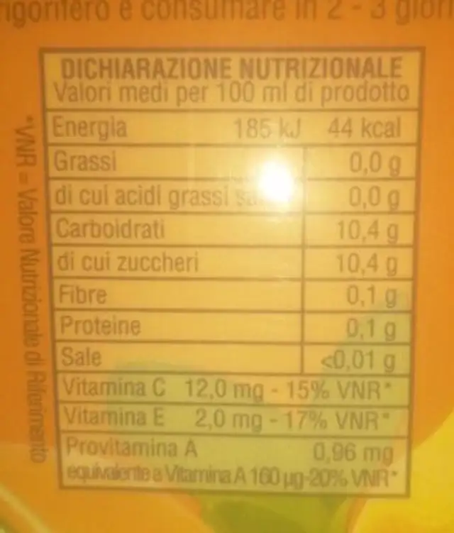 ACE nutrition facts table